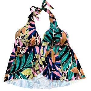 Amavi Tankini Top Womens Large Multicolor Tropical Leaf Halter Padded Flowy NEW